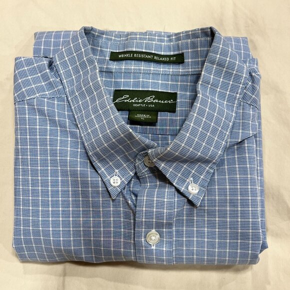 Eddie Bauer Wrinkle Resistant‎ Relaxed Fit Blue Short Sleeve Shirt Mens Size TL - Picture 1 of 13